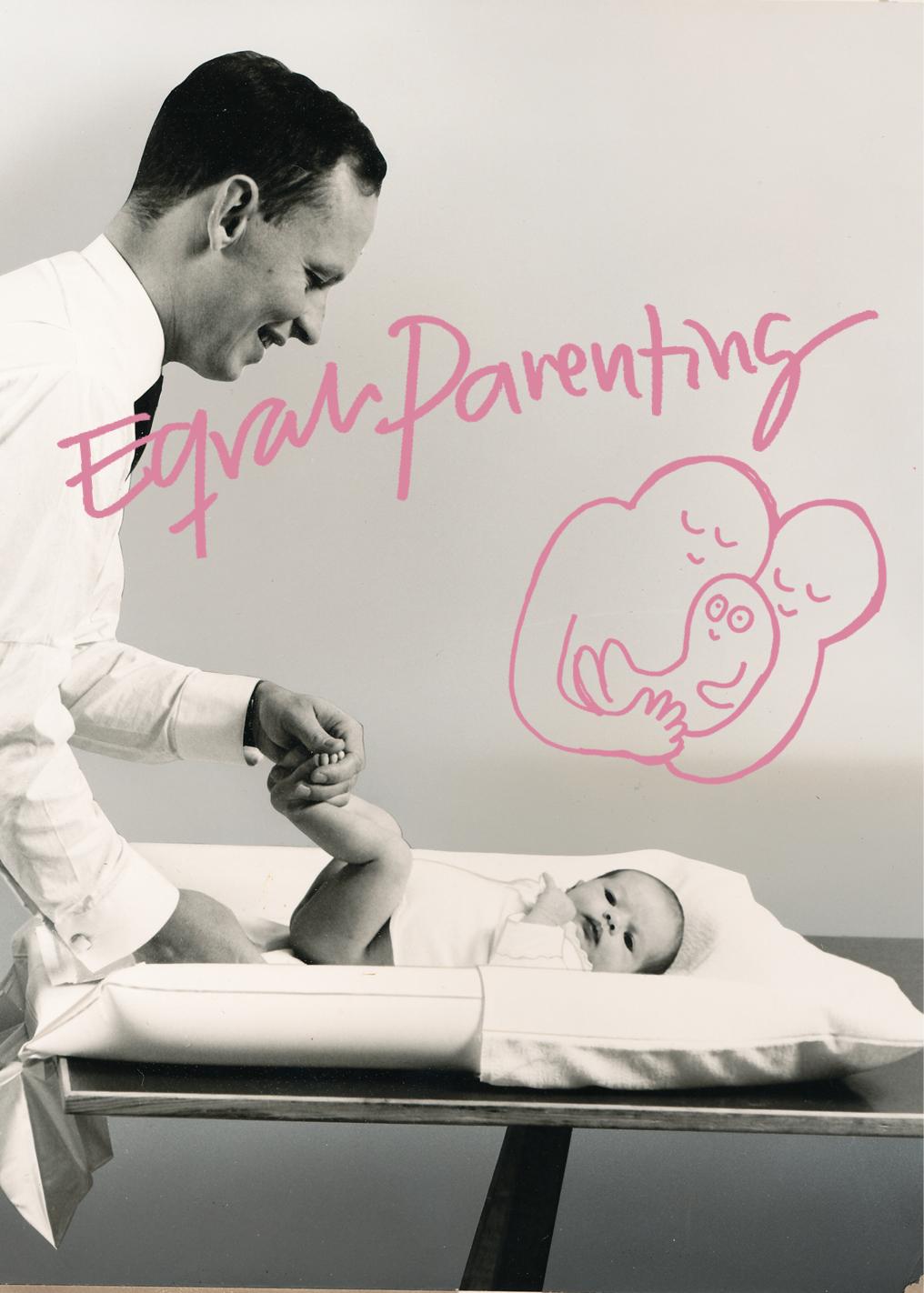 Björn at BabyBjörn smiling while changing a baby's diaper, with "Equal Parenting" text and a pink illustration of a family embracing.