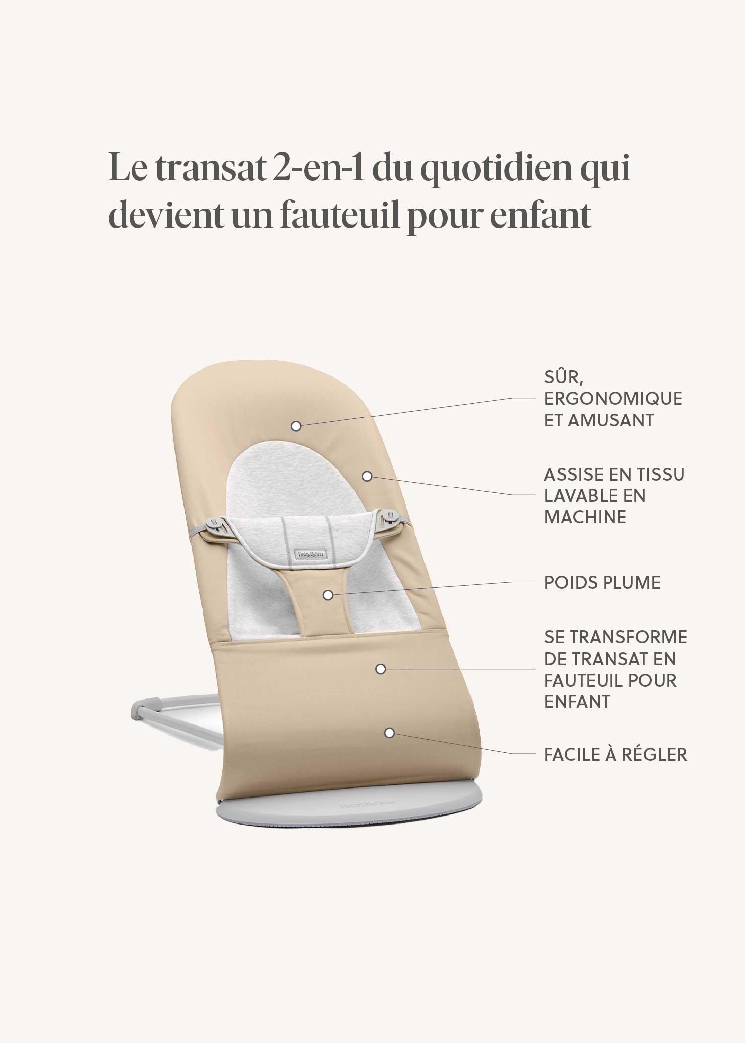Beige ergonomic baby rocker chair, lightweight, machine washable, easily adjustable, transforms into a child seat. Text in French detailing features.