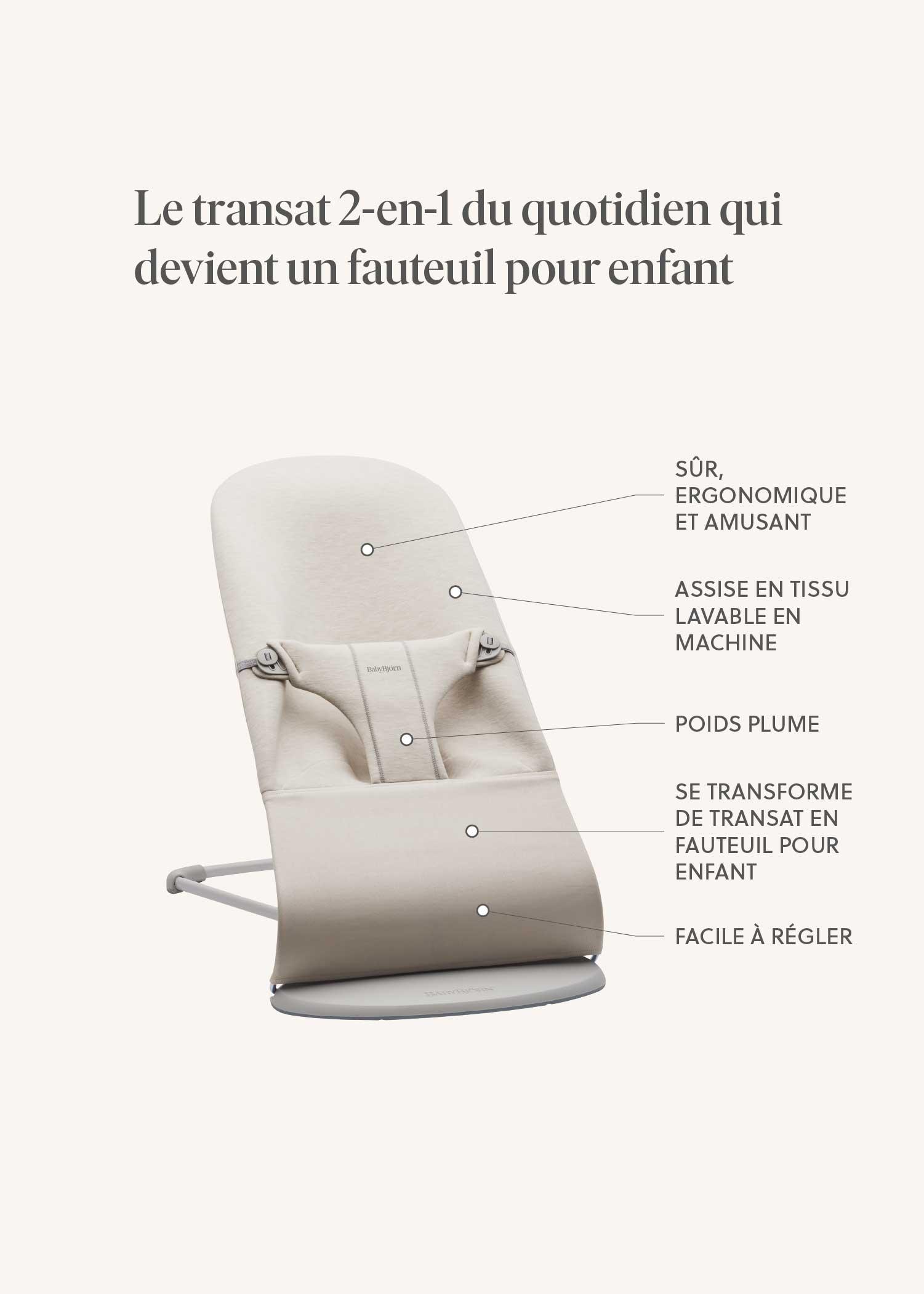 A beige 2-in-1 baby bouncer convertible to a child chair, with text highlighting safety, washability, lightweight, and adjustability features.
