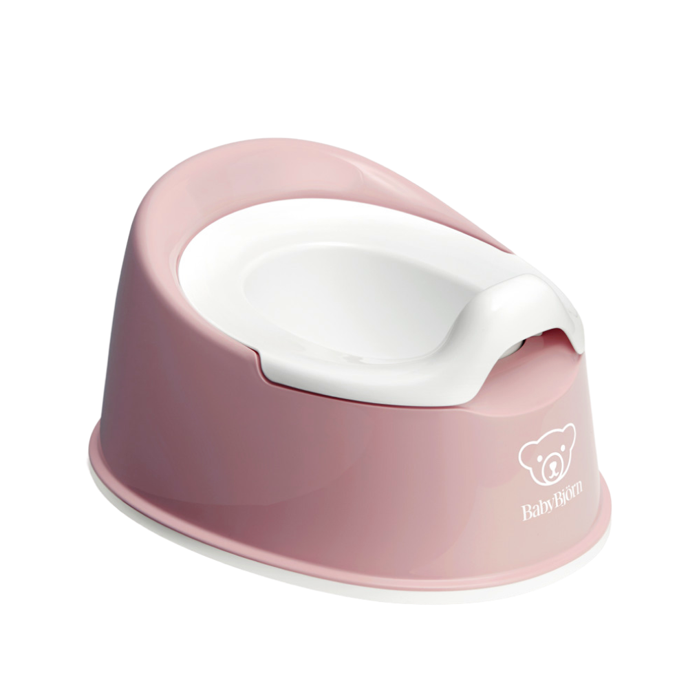 Pink and white toddler potty chair with a bear logo on the front, designed for children's toilet training.